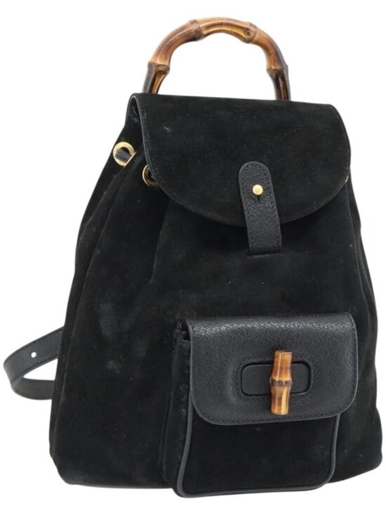 Gucci Handbags - GUCCI Bamboo Backpack Suede Leather Black Auth BA6791